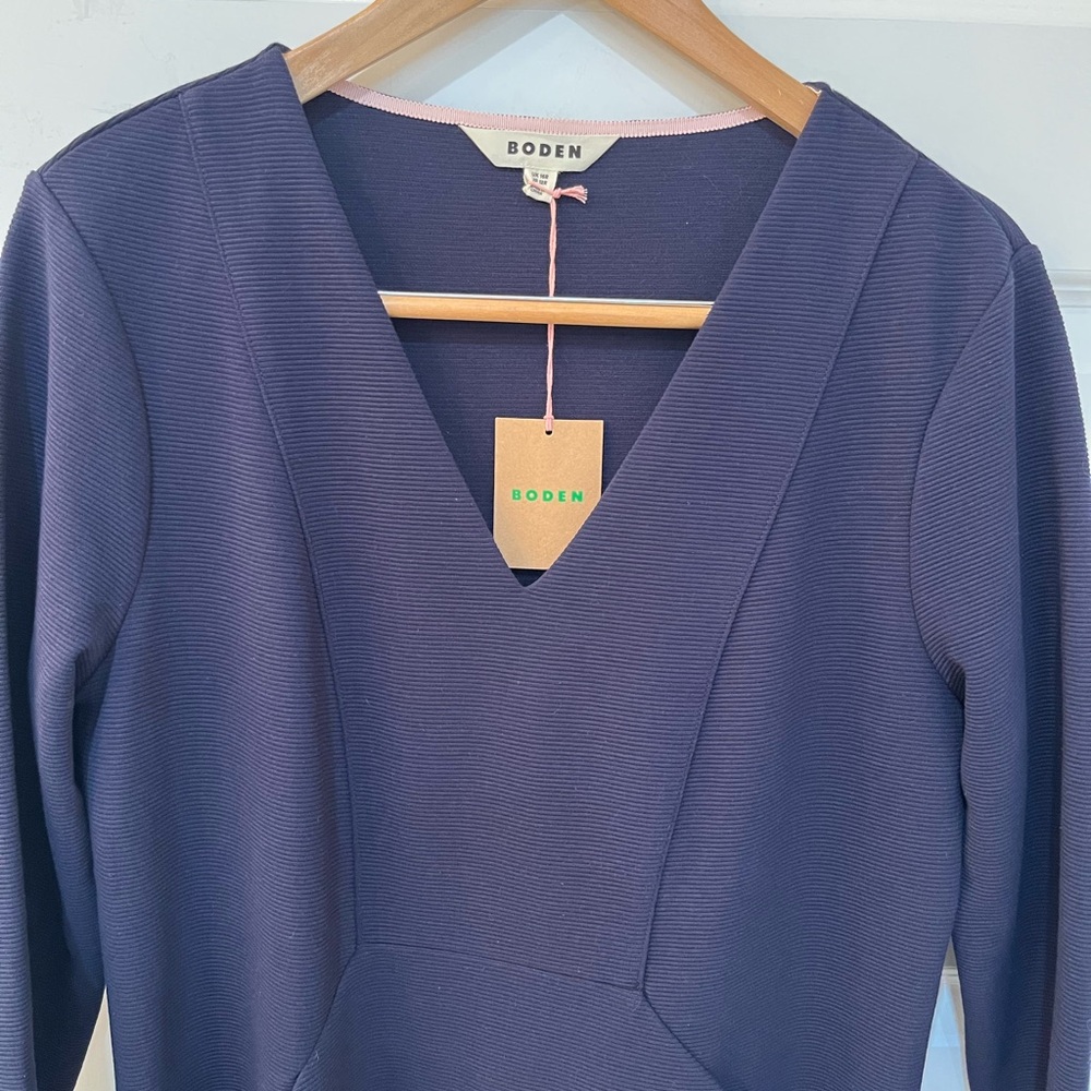 NWT! Boden Navy Ribbed Brontë Ottoman V Neck Knee Length Dress 3/4 Sleeve Sz 12 - Picture 3 of 11